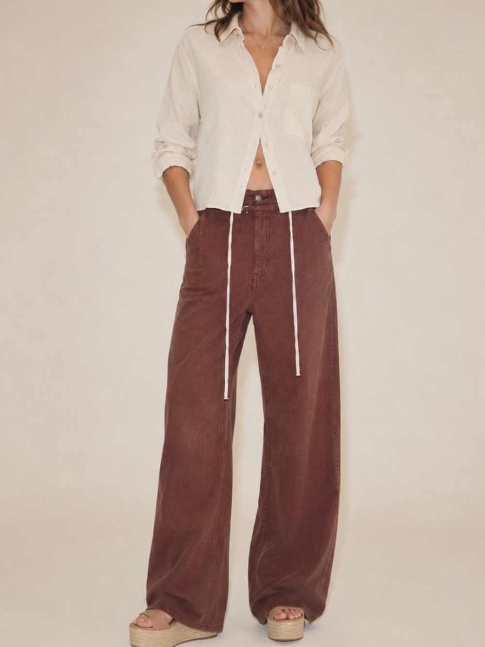 Zara Rust Brown Wide Leg Slouchy Pants Linen Blend Size 12